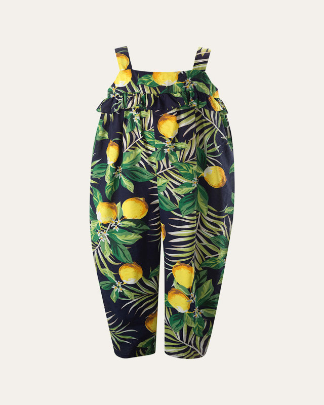 Girl's Lemon-Print Ruffle Jumpsuit, Size 2-14